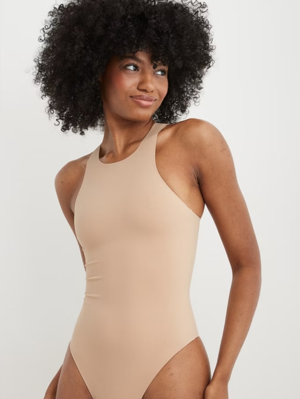 NWT Aerie SMOOTHEZ Racerback Bodysuit Sz M Sands Nude Tank Top High Neck Thong